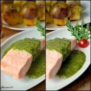 Сальмоне шпиначе(Лосось на парУ со сливочно-шпинатным соусом)