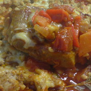 Шницель запечённый с овощами  alla bolognese…..