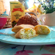 Лучший рецепт тонких блинов, сделанных на майонезе оливковом "МахеевЪ" и фаршированных кабачком.