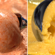 Сорбеты "Клубника" и "Персик с кокосовой стружкой".